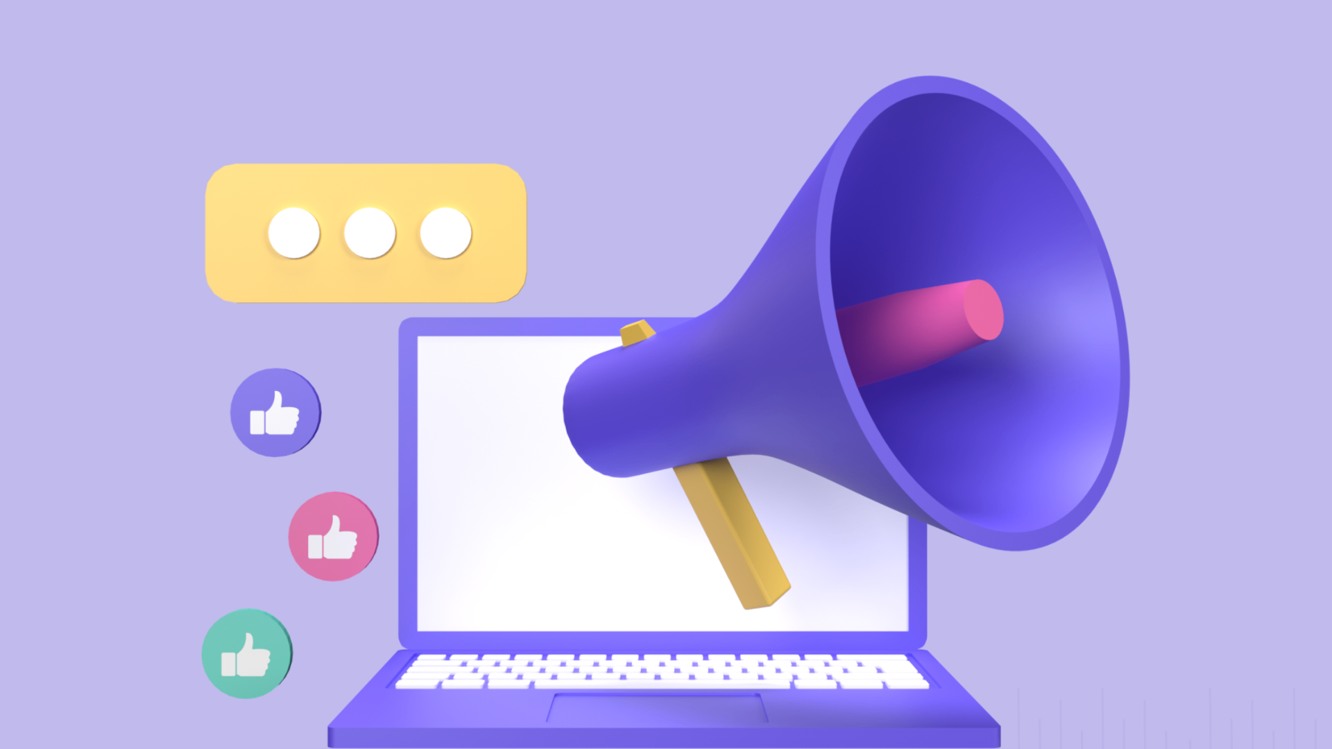 Laptop with a megaphone and social reactions representing distribution and amplification